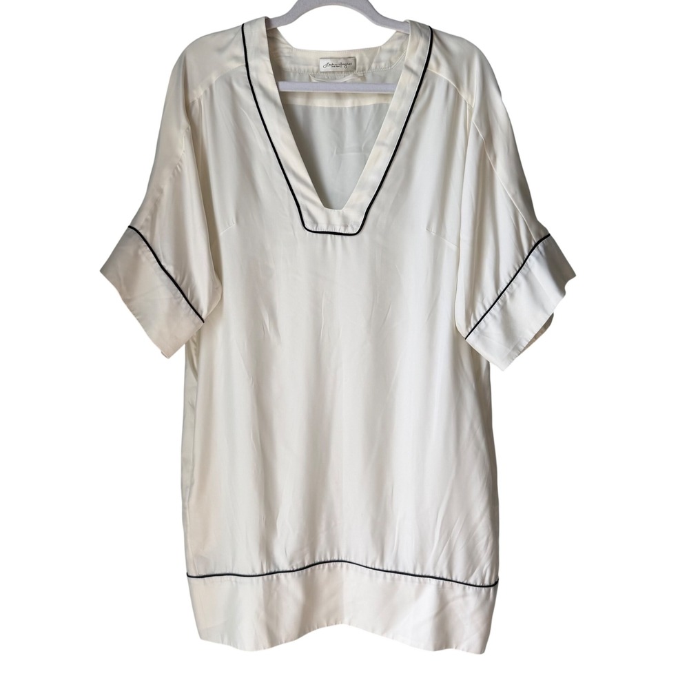 Larkin Hughes Atlantic Tunic Dress Ivory V-Neck Black Piping Pockets Size Large